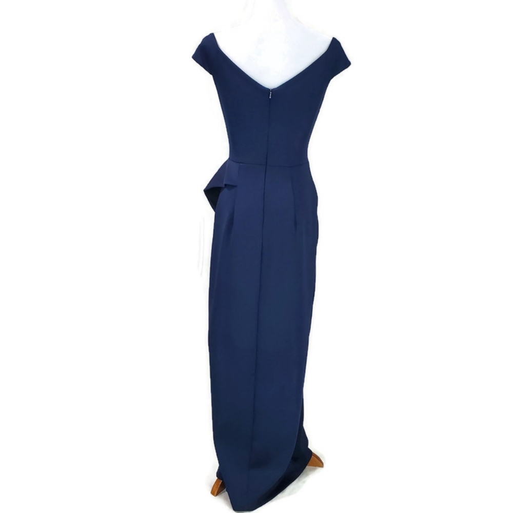 Black Halo Midnight Padma Gown Slit Front Navy Dress with Ruffle Wedding Formal - Picture 6 of 14